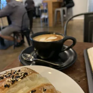 Smoked turkey and goat cheese croissant, flat white