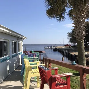 colorful chairs on the deck