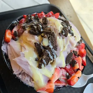 Taro Shaved Ice with oreos, strawberries, and condensed milk