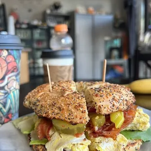 Bagel Sandwich, bacon, egg, cheese, veggies