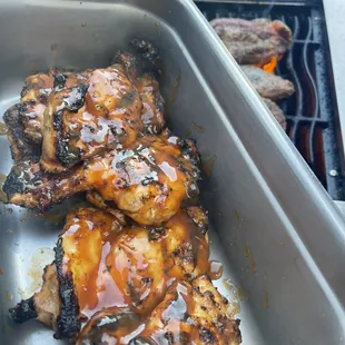 BBQ Chicken with Pearl's House Sauce. Your choice of two sides (White Rice, House Salad, Potato Salad)