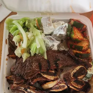 Pearl&apos; Special.  2 pieces of  Kalbi, bbq chicken,  teri berf, 1 mando, 1 piece eggplant.  Huge!  Big side portions too!