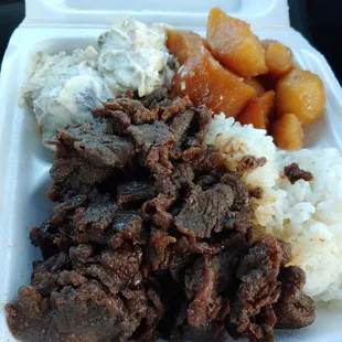 Mini bbq beef with shoyu potatoes and potato salad