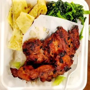 Mini BBQ Chicken plate with Broccoli (under the BBQ Chicken,  choy sum, egg.