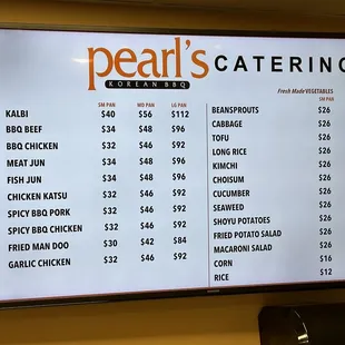 Catering menu prices as of 4/2023