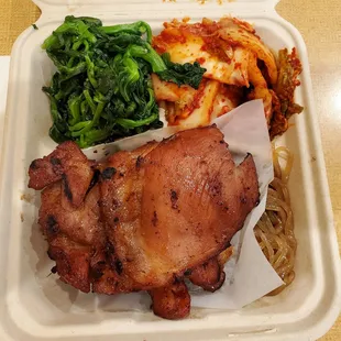 Mini BBQ Chicken Plate with Long Rice, Kim Chee, &amp; Choy Sum. ($13.60 w/tax)