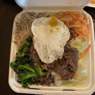 Well portioned bibimbap, though it&apos;s missing the customary red gochujang sauce!