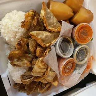 Meat Jun and Mandoo Plate combo with 2x shoyu potato, daikon and choi sum.