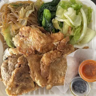 Meat Jun &amp; Fish Jun Plate - no rice; Banchan: Double Jap Chae, Choy Sum, Cabbage, &amp; Fried Potato Salad (or whatever it's called lol)