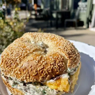 a bagel sandwich on a plate