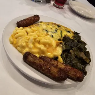 Turkey sausage and Spinach omelette, turkey sausage, greens, mac &amp; cheese.