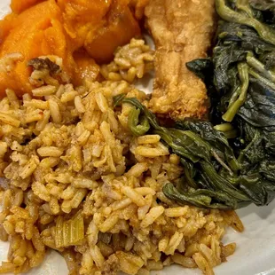 Spinach, Spicy Side Rice, Yams and Fried Chicken Leg (1) .