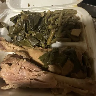 Dry unseasoned tough Turkey leg Can unseasoned Collard Greens and unseasoned Green beans Horrible