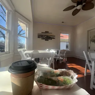 Americano coffee and shrimp spring roll. Upstairs view of midtown.