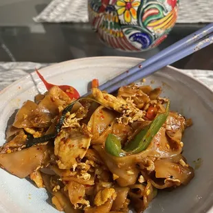 Drunken Noodle with Chicken. Spice level 7. So good! (Picture is about 1/3 - if that - of what we received. Portion sizes are large)