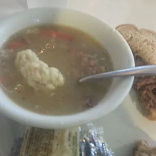 Delicious and 100% home made turkey dumpling soup...this was a cup! Roast beef sandwich served warm with CHUNKS of tender beef.