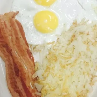Two eggs hash browns  choice of sausages or bacon and toasted bread or one biscuit and gravy)(8:30am to 11am)($10.50( after 11am $13.00