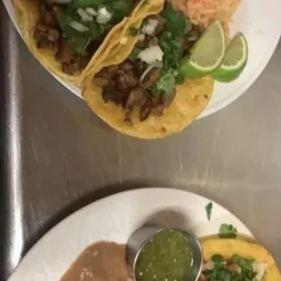 Street taco plate (15.50)(asada tinga or Al pastor)( served with rice beans chips and salsa)