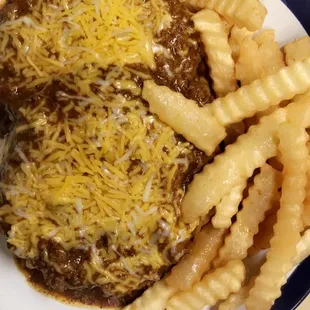 Open face chili cheeseburger ($13.00)