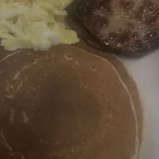 Two pancakes two eggs and choice of two sausages or three bacon strips (8:30am to 11am)($10.50 (After 11am $13.00