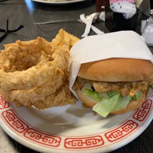 Chicken Fried Beef Sandwich, rings and fries.