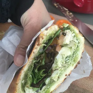 Chicken, Pesto and Mozzarella Sub on Dutch crunch.