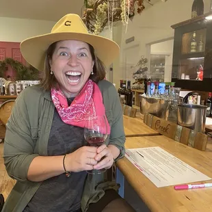 Lea loving the red wine!