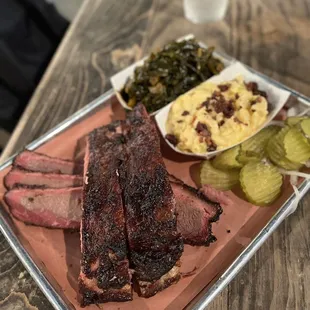brisket and pork ribs with collard greens and mac n cheese