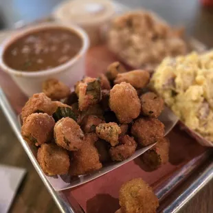 Fried okra, beans, potato salad, peach cobbler &amp; nana puddin