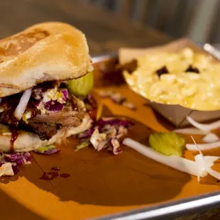 "The Pitmaster" ($9) sandwich + the mac and cheese ($3)