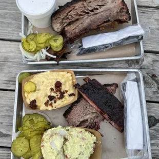 Banana pudding, beef rib, brisket, ribs, potato salad, Mac and cheese