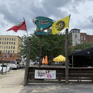 The street sign and bannners