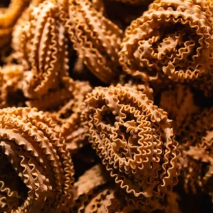 a closeup of a pile of food