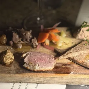 CHARCUTERIE CHICKEN LIVER MOUSSE, SMOKED DUCK BREAST, BEEF RILLETTE, CONFIT CHICKEN GIZZARDS, PICKLED VEGETA