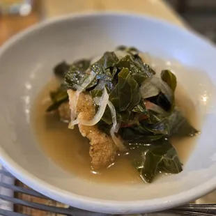Catfish w pickled greens in chili broth. Excellent.