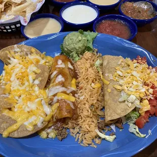 Lunch special with nachos, beef enchilada, fried rice &amp; beef taco.
