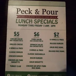 a menu for lunch specials