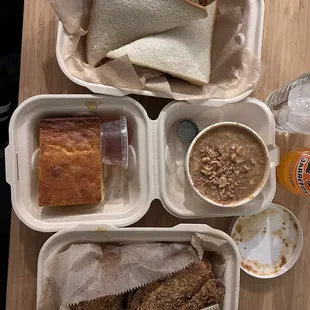 Half chicken with homestyle flavor, cornbread, chili chicken sando and coconut pudding
