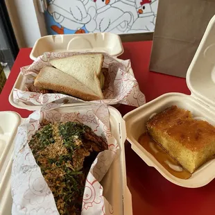 Quarter chicken, sando, cornbread