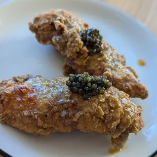 Salted egg chicken tenders with caviar