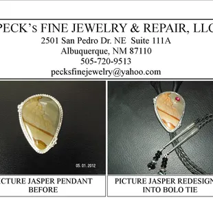 Peck's can redesign a ladies pendant into a beautiful gents bolo tie, such as this Picture Jasper Bolo Tie with Sterling Tips.