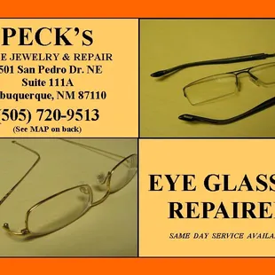 Peck's Eye Glass Repair welcomes your business if you break your glasses.