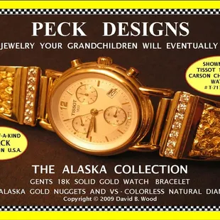 Peck's One-of-a-Kind Collector's piece.  This solid gold watchbracelet with Alaskan Natural Gold Nuggets &amp; Colorless Diamonds.
