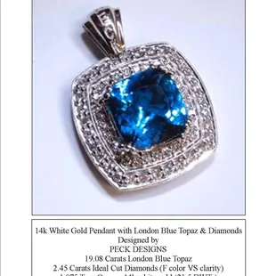 Peck's CAD/CAM design services designed this beautiful London Blue Topaz and Diamond Pendant.