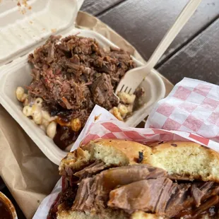 Brisket sandwich and brisket Mac and cheese sauce on the side