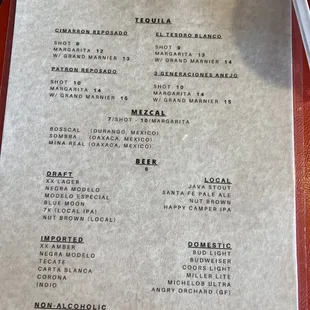 Tequilas, mezcal, Beer, Non-alcoholic