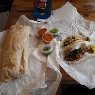 Enormous carnitas burrito &amp; 2 pollo tacos