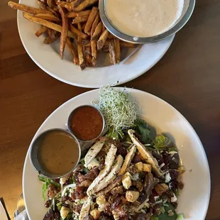 The Pedaler's Favorite salad and Fries with Beer Cheese