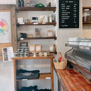 Coffee beans, merchandise and coffee menu