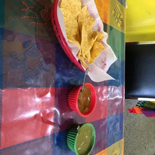 a basket of chips and salsa